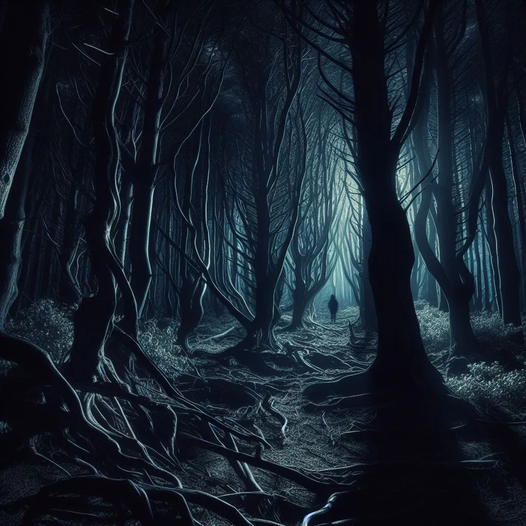 a person walking through a dark forest at night