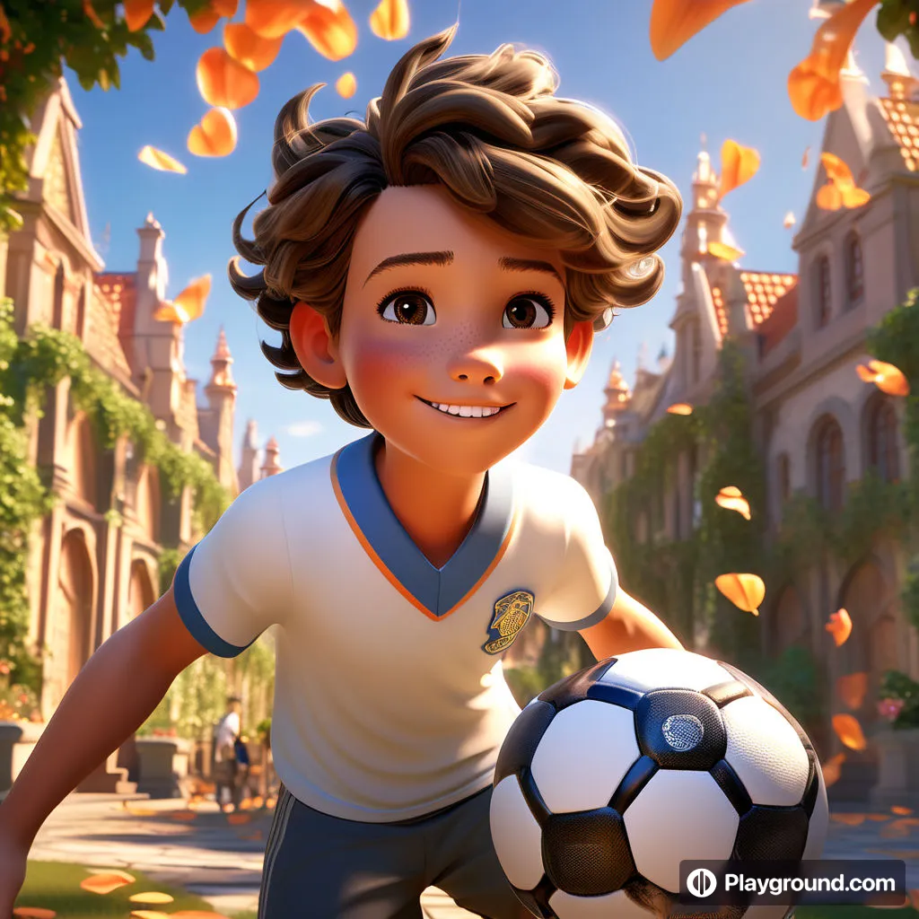 a young boy holding a soccer ball in a cartoon