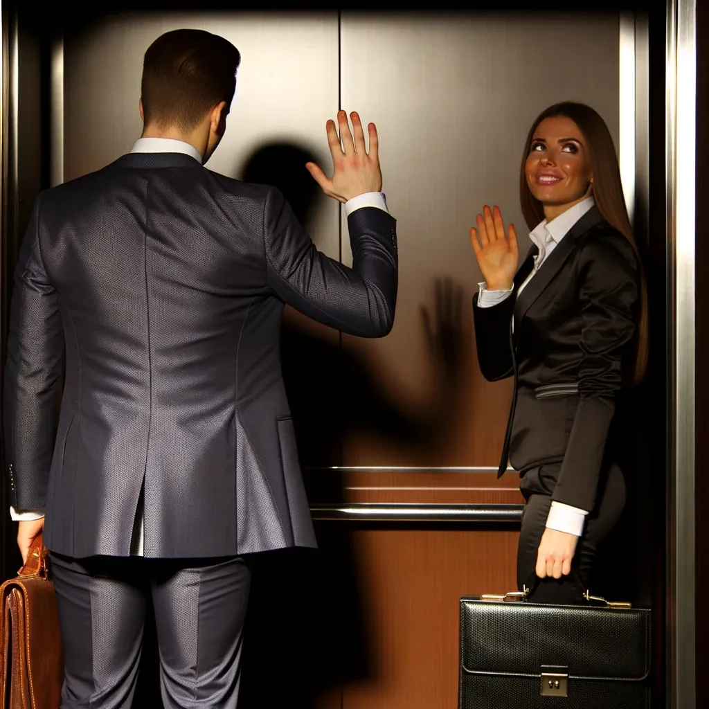 a man and a woman are standing in an elevator