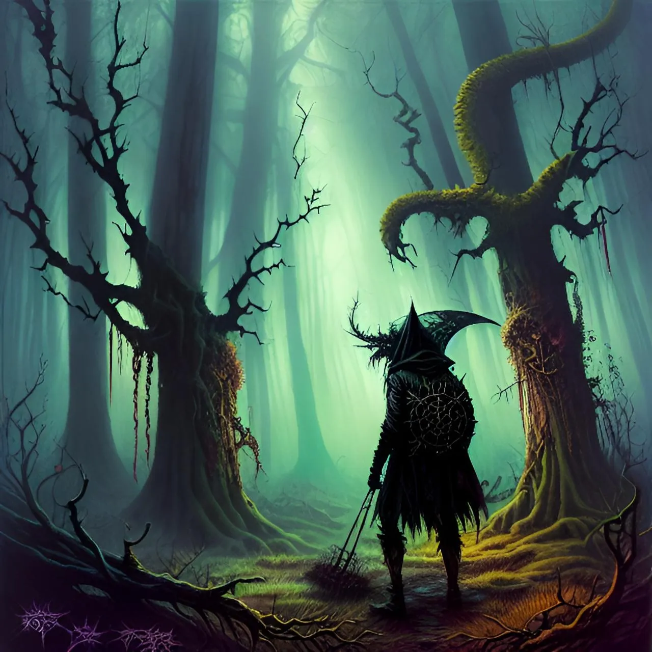 a painting of a man standing in the middle of a forest