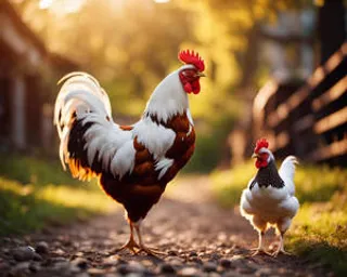 a couple of chickens standing on top of a dirt road