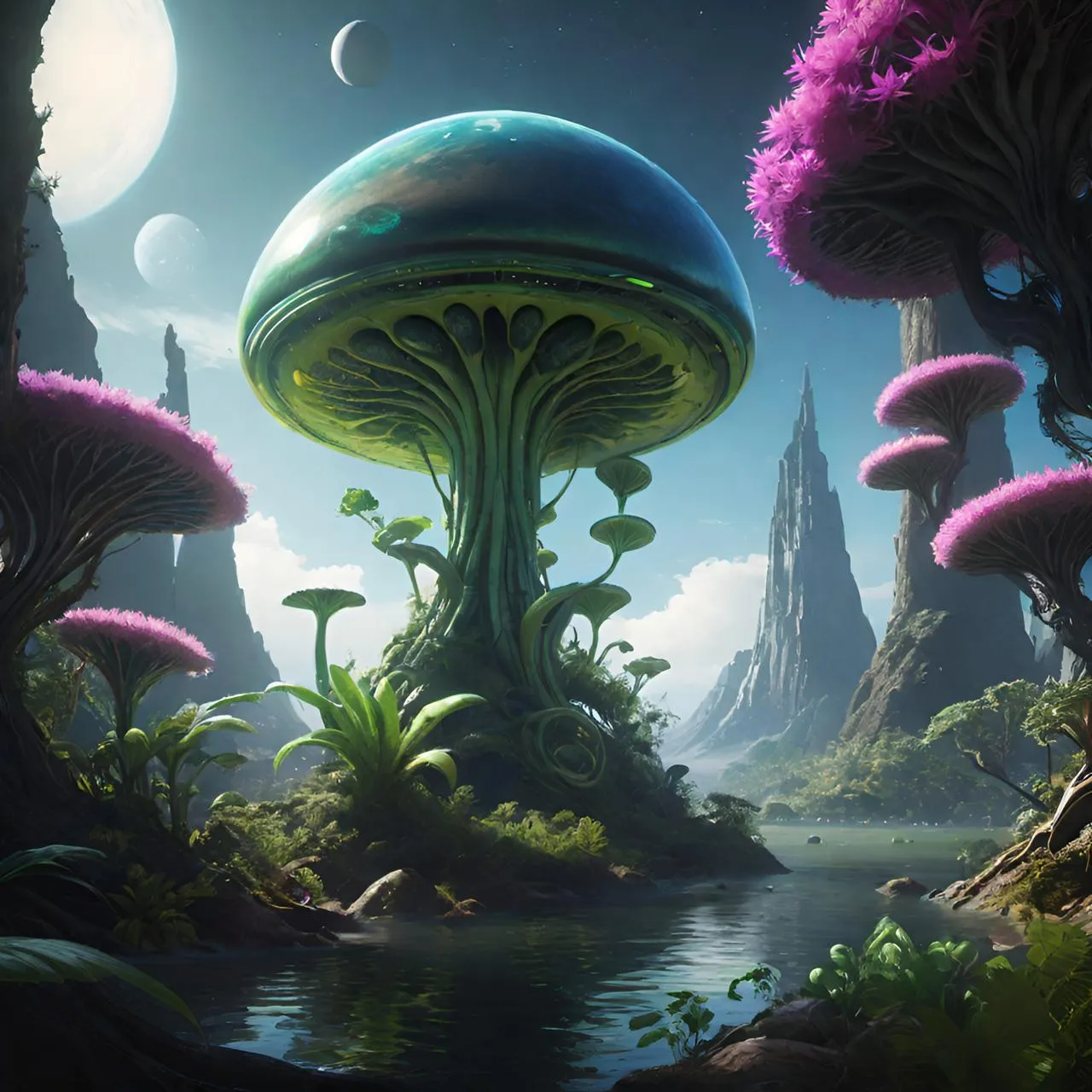 a painting of a fantasy landscape with a pond and mushroom like structures