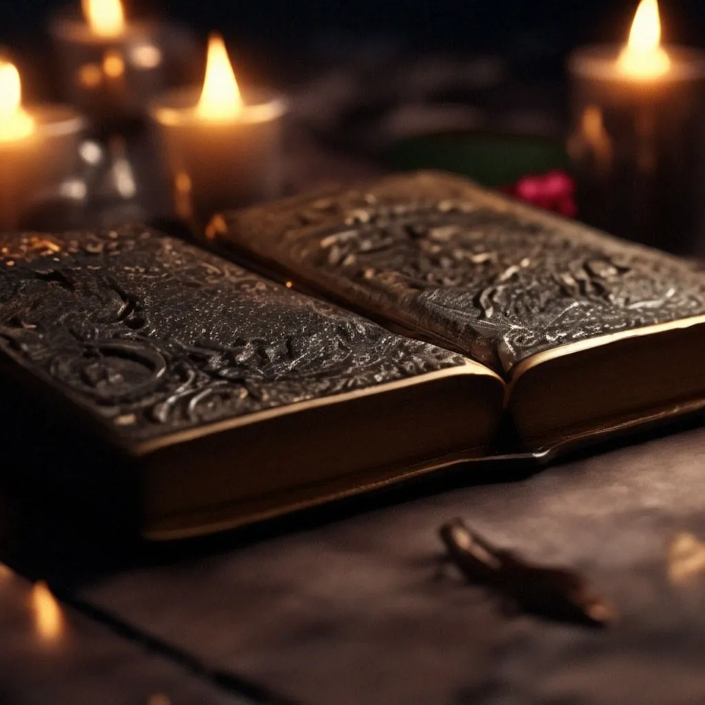 a close up of a book on a table with candles