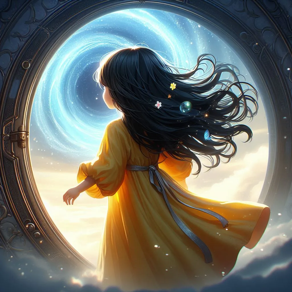 a girl in a yellow dress going out of magical world