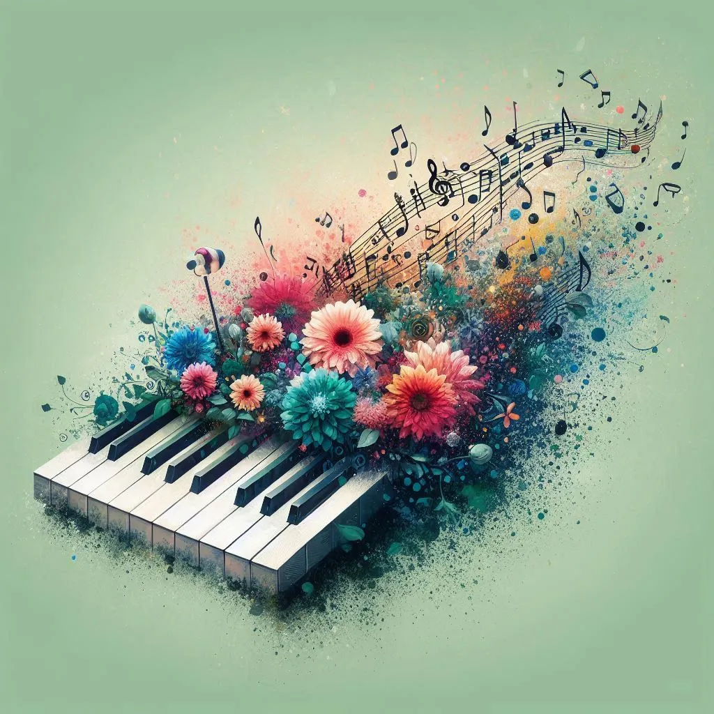 a piano with flowers and music notes coming out of it