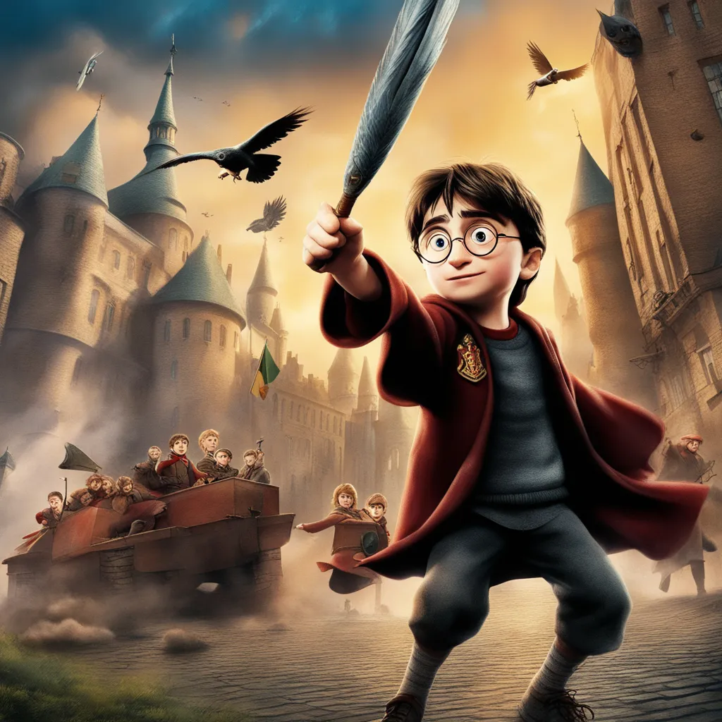 a harry potter movie poster with a boy holding a sword