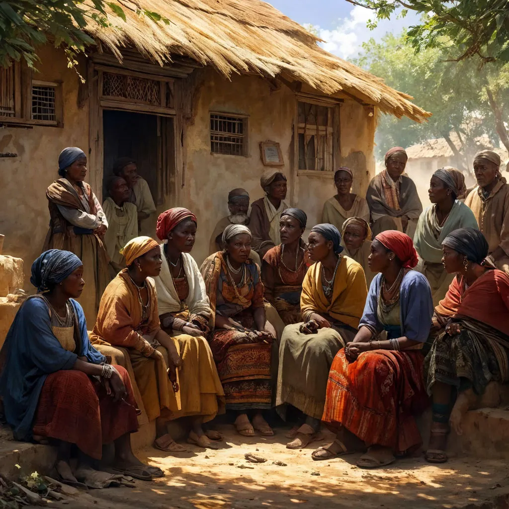 A group of concerned villagers gathered in the village square, their faces etched with worry as they discuss the strange occurrences happening in Mama Ada's hut.