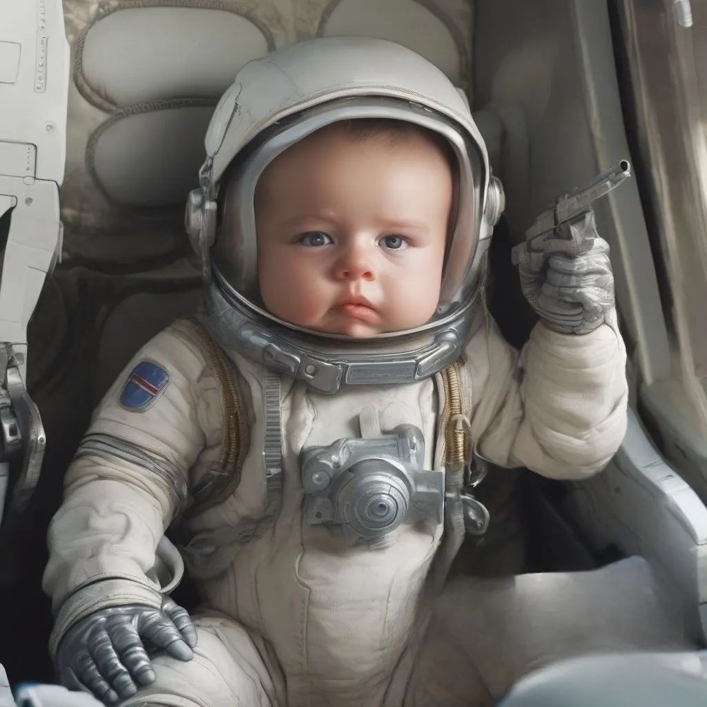 a baby in a space suit sitting in a space station