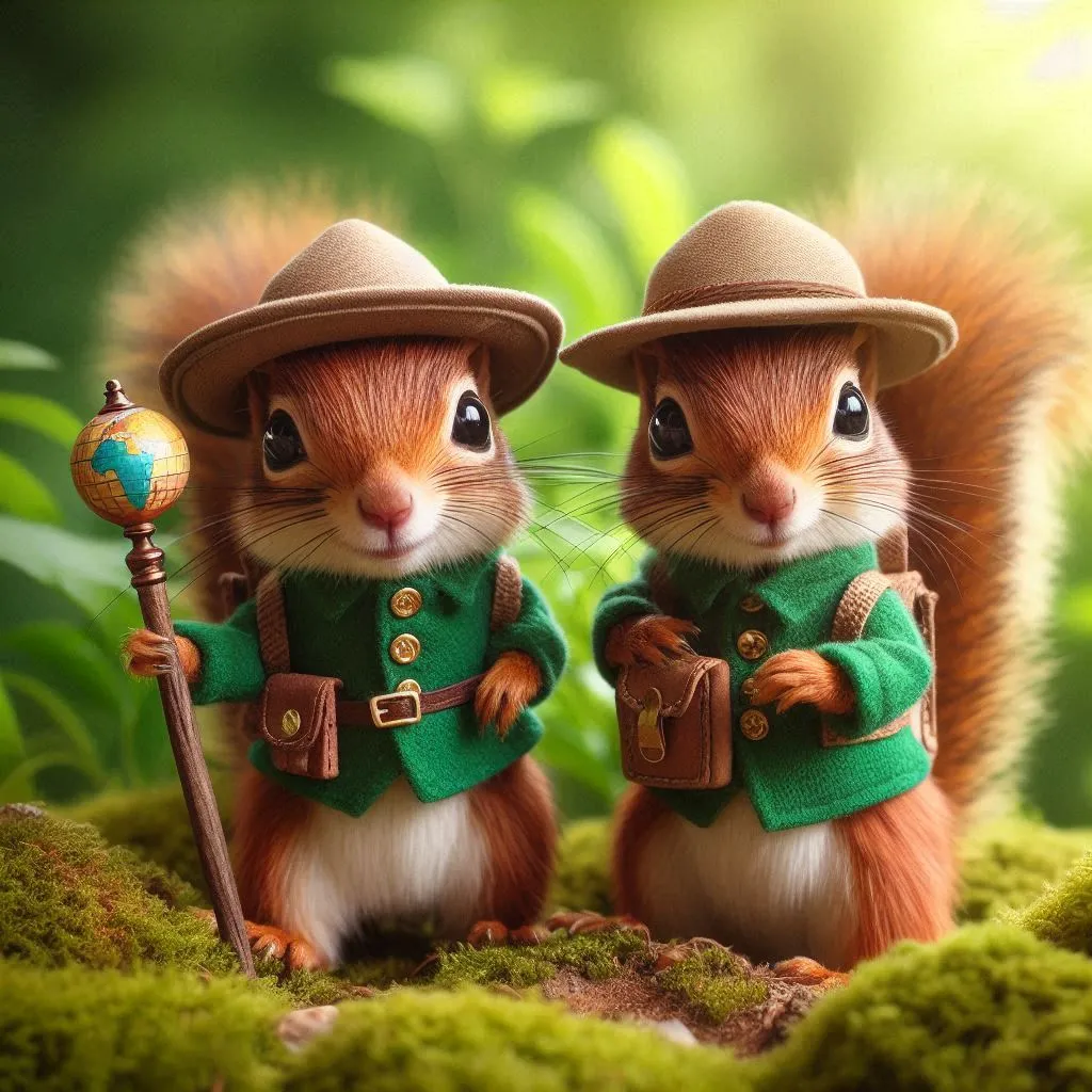 a couple of squirrels dressed in green outfits