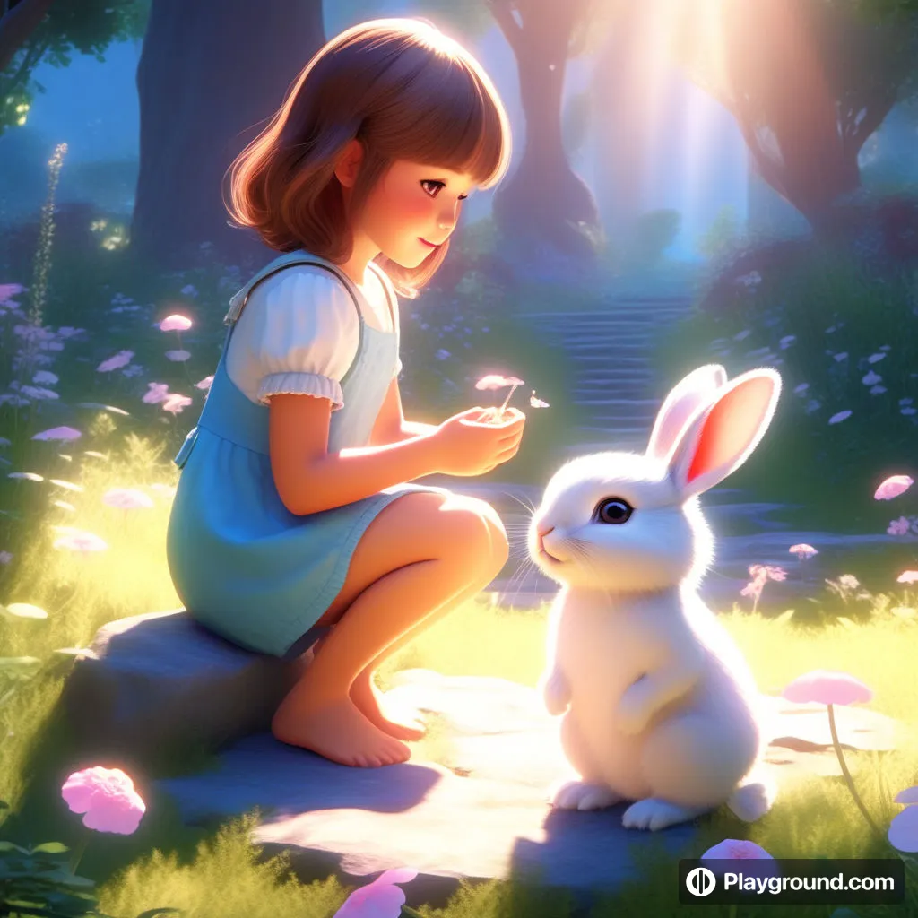 a little girl kneeling down next to a bunny