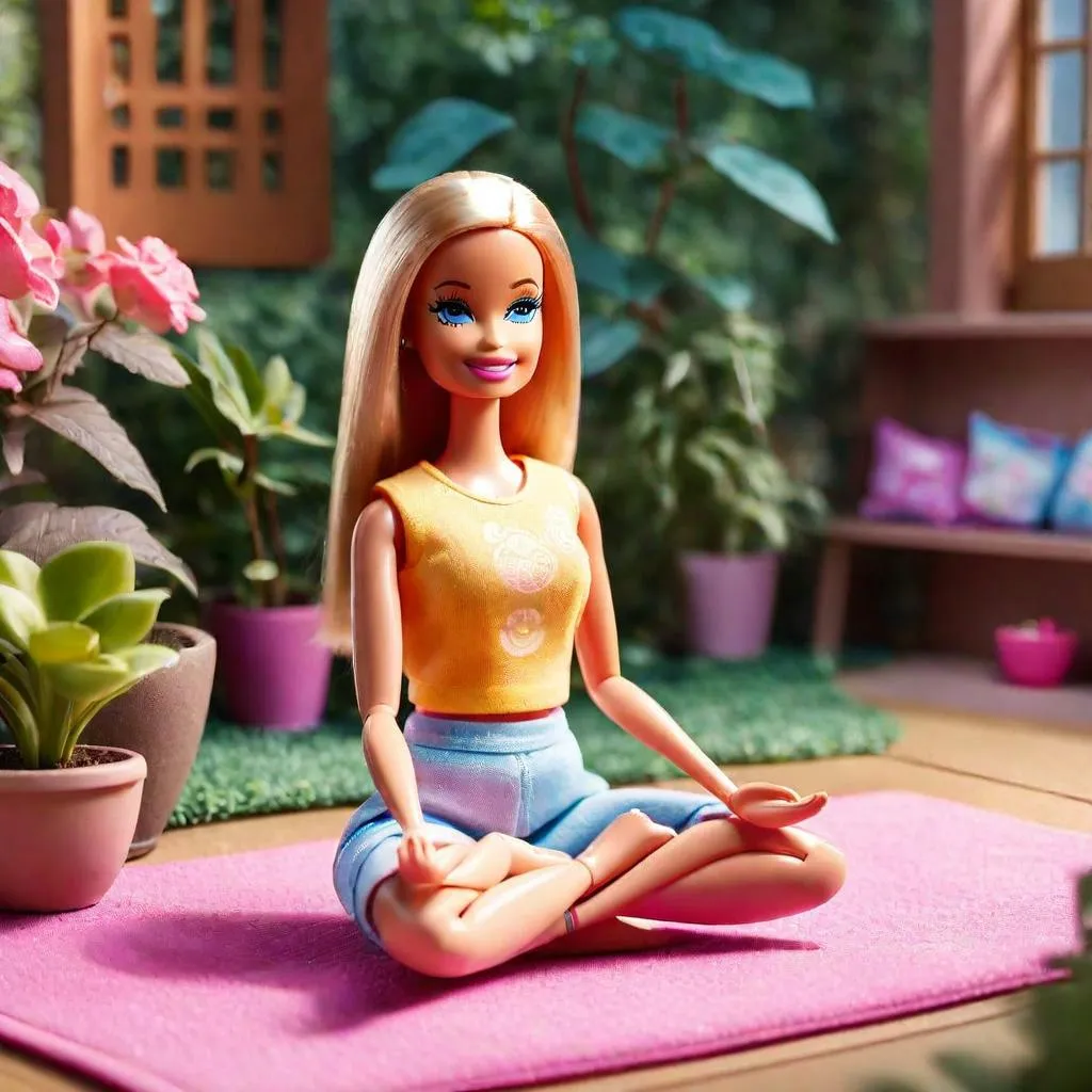 A Barbie doll sitting on a fluffy pastel rug in a dreamy, softly-lit room full of giant flowers.