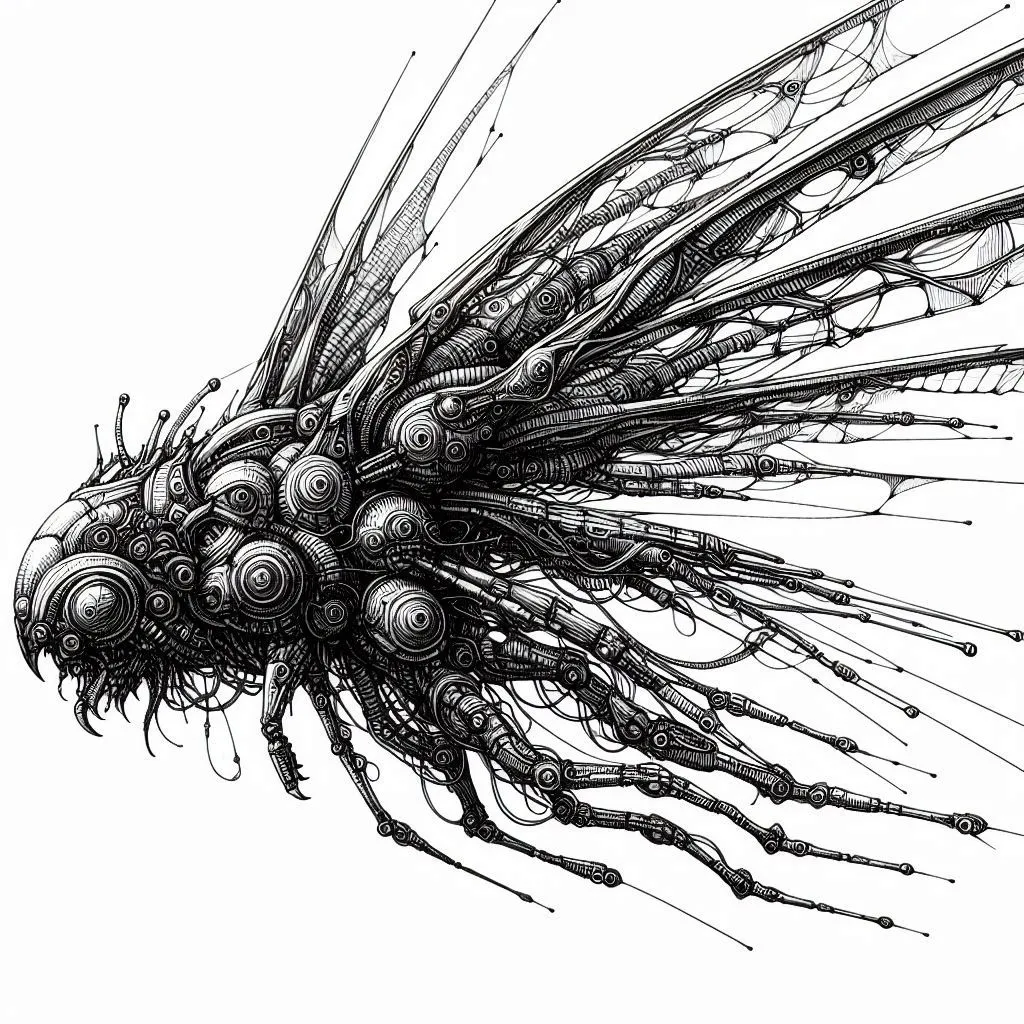 a black and white drawing of an insect