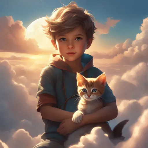 a painting of a boy holding a cat in the clouds