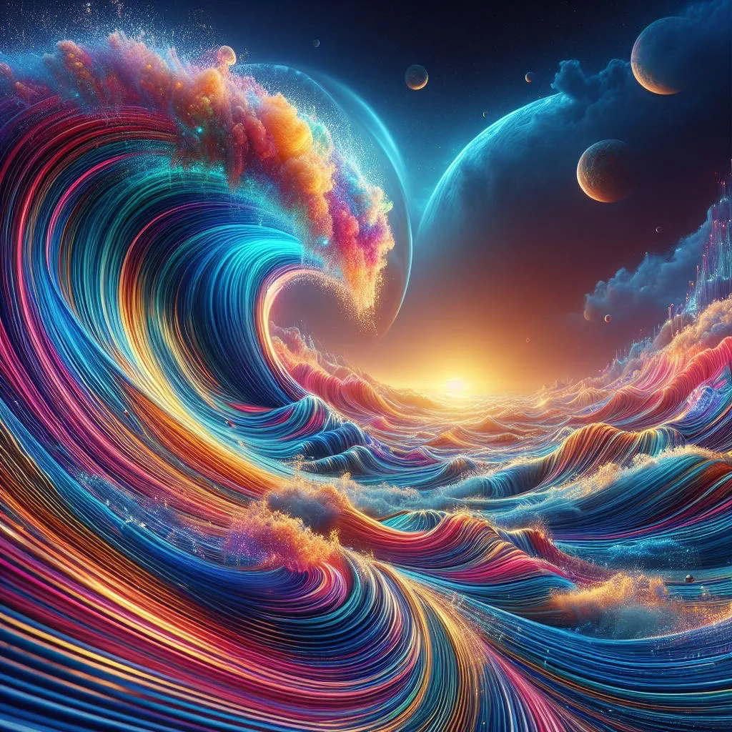 a painting of a colorful wave with planets in the background