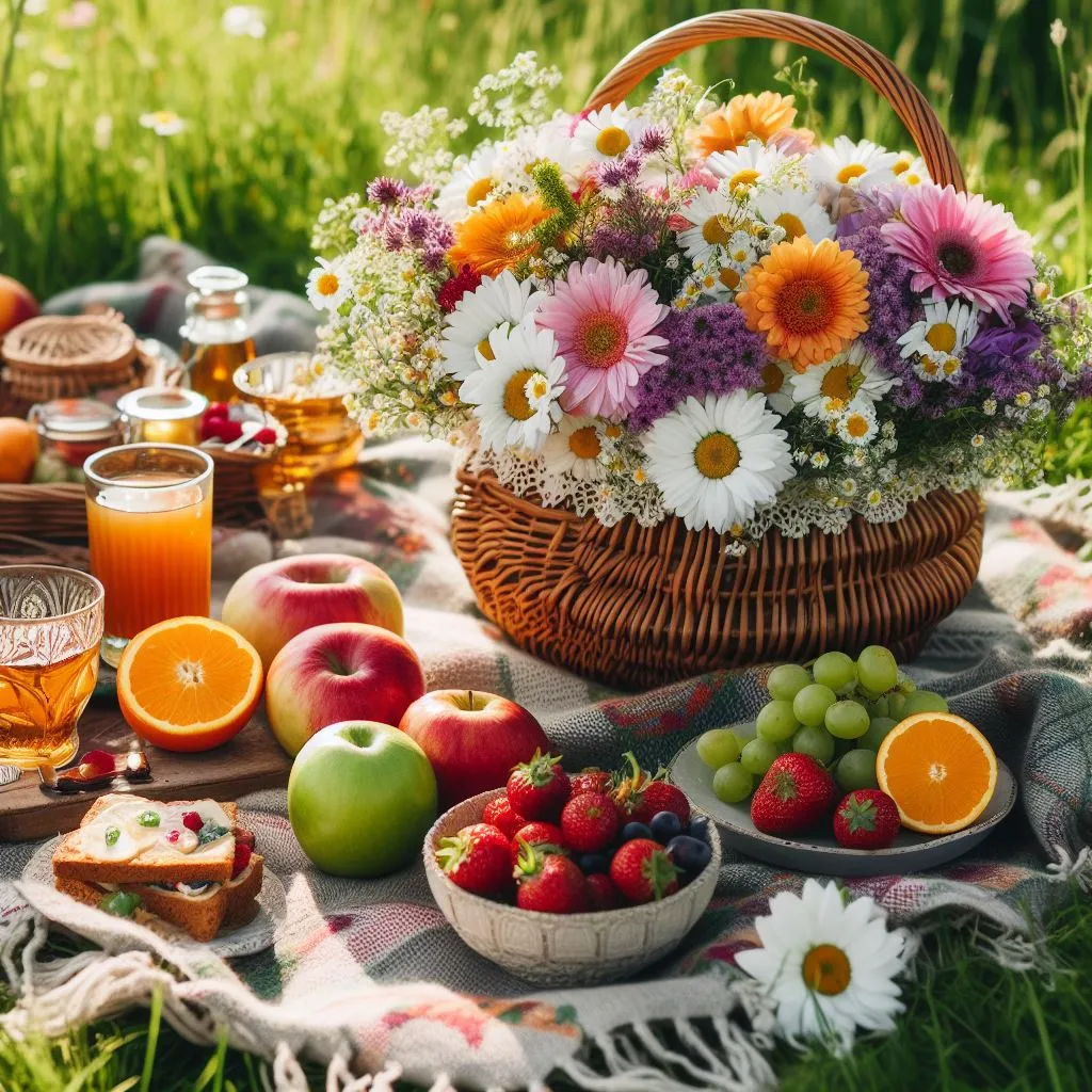 a picnic with fruit and flowers on a blanket