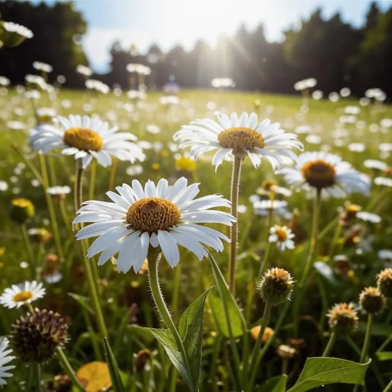 a field full of white and yellow flowers