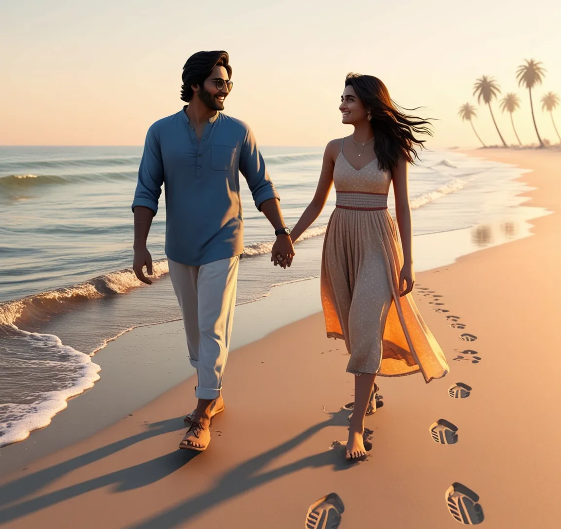 a man and a woman walking on the beach