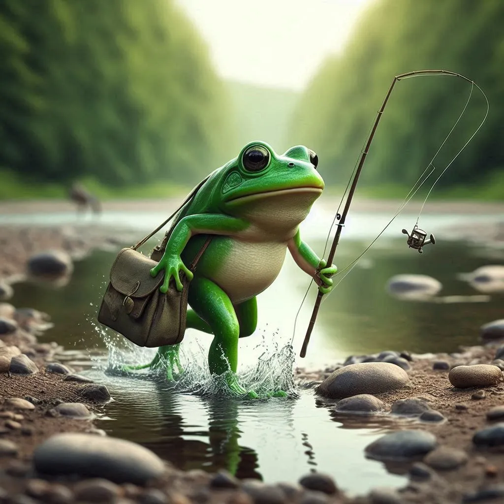 a frog with a fishing rod and a bag in the water