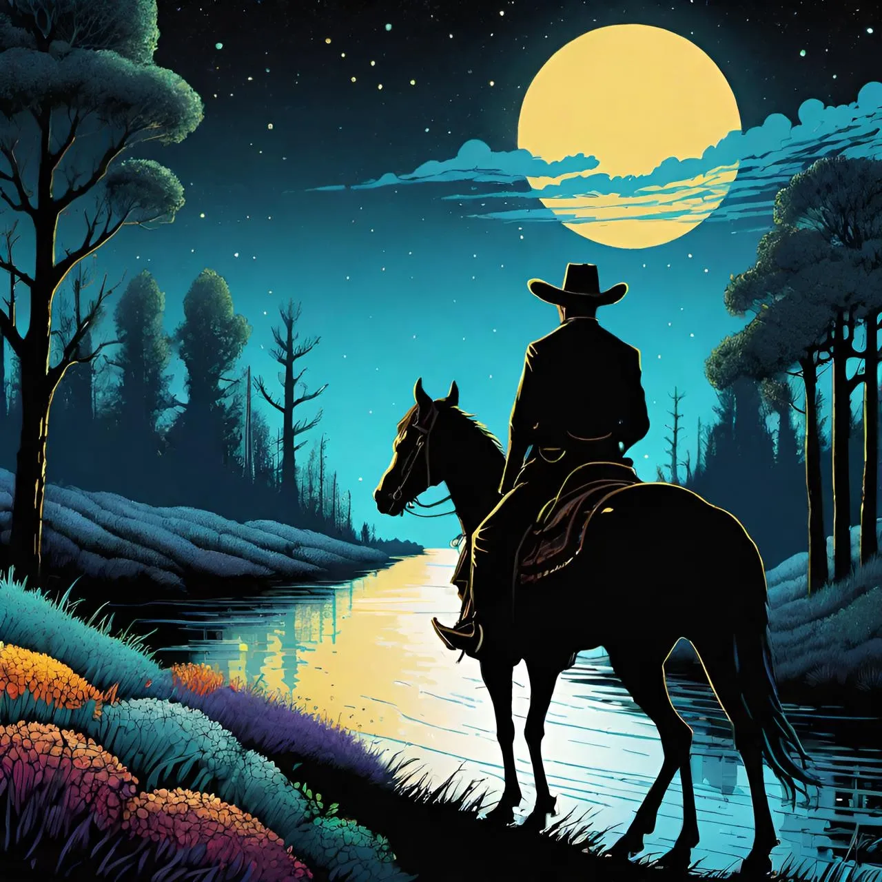 a painting of a man riding a horse at night