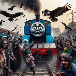 a train with a bunch of zombies on the tracks