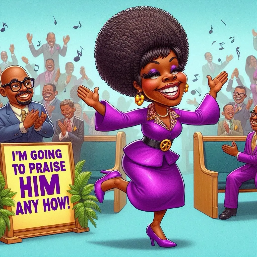 create a hyper realistic of a woman in her 30s waving her hands and sing and clapping praising the Lord with a sign that clearly reads: I’m going to praise him anyhow. the background is a standing praising also, advertising style