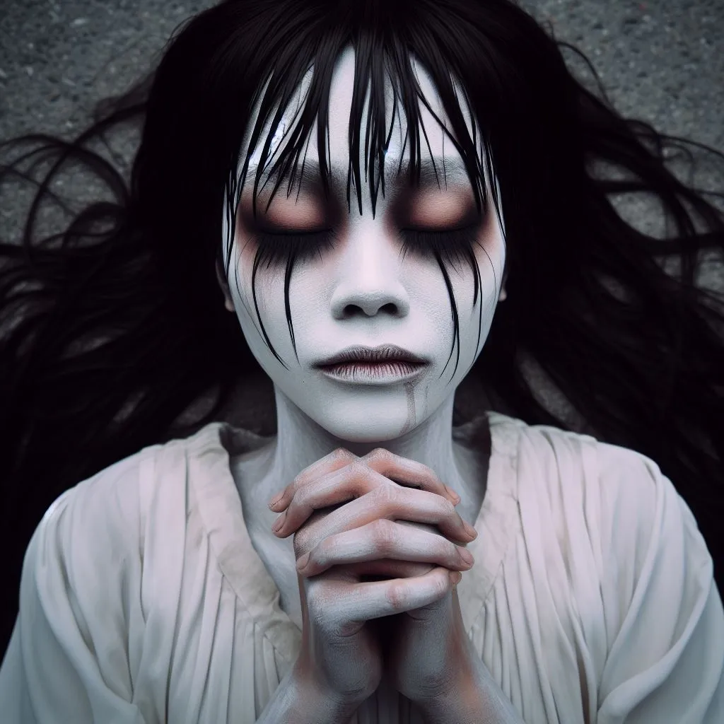 a creepy ghost woman with black hair and white makeup holding her hands together