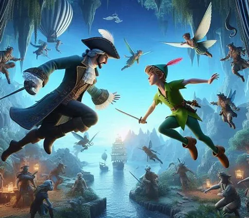 peter pan and tinkerbell flying through the air