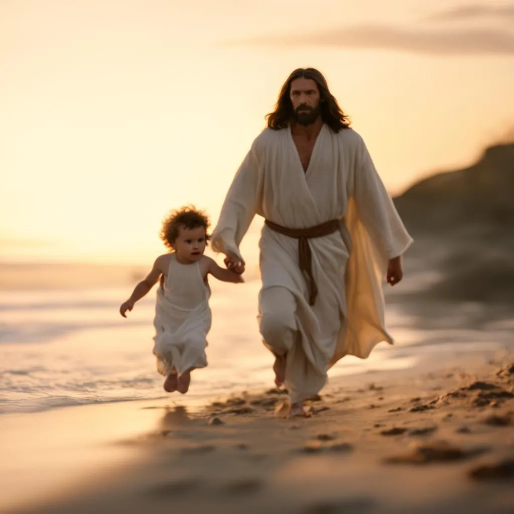 a man and a child running on the beach