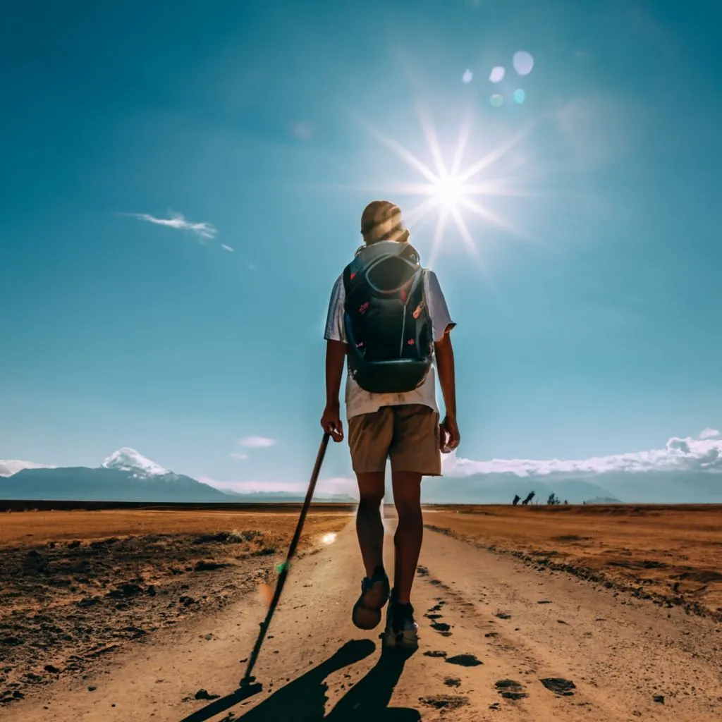 a man walking down a dirt road with a backpack