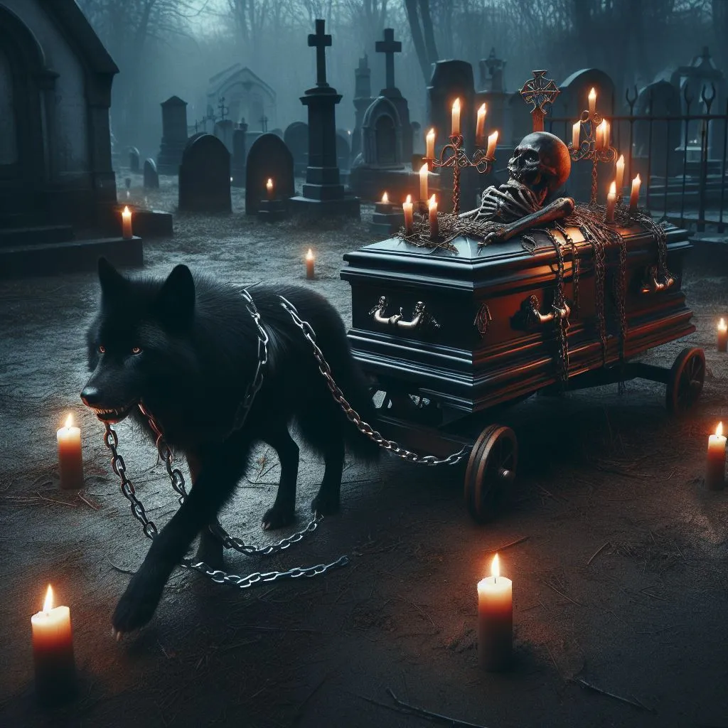 a werewolf pulling a coffin with chain attached to him