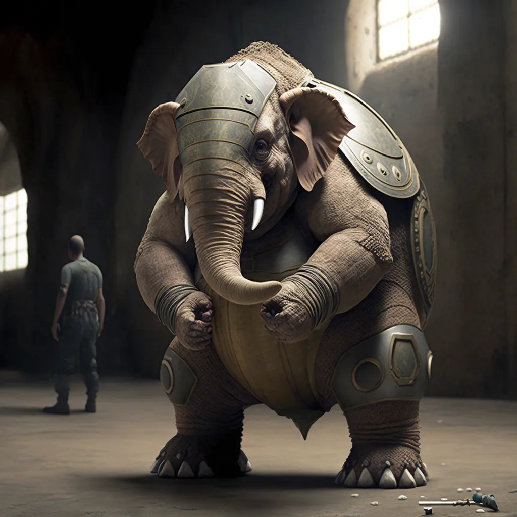 an elephant in a room with a man in the background