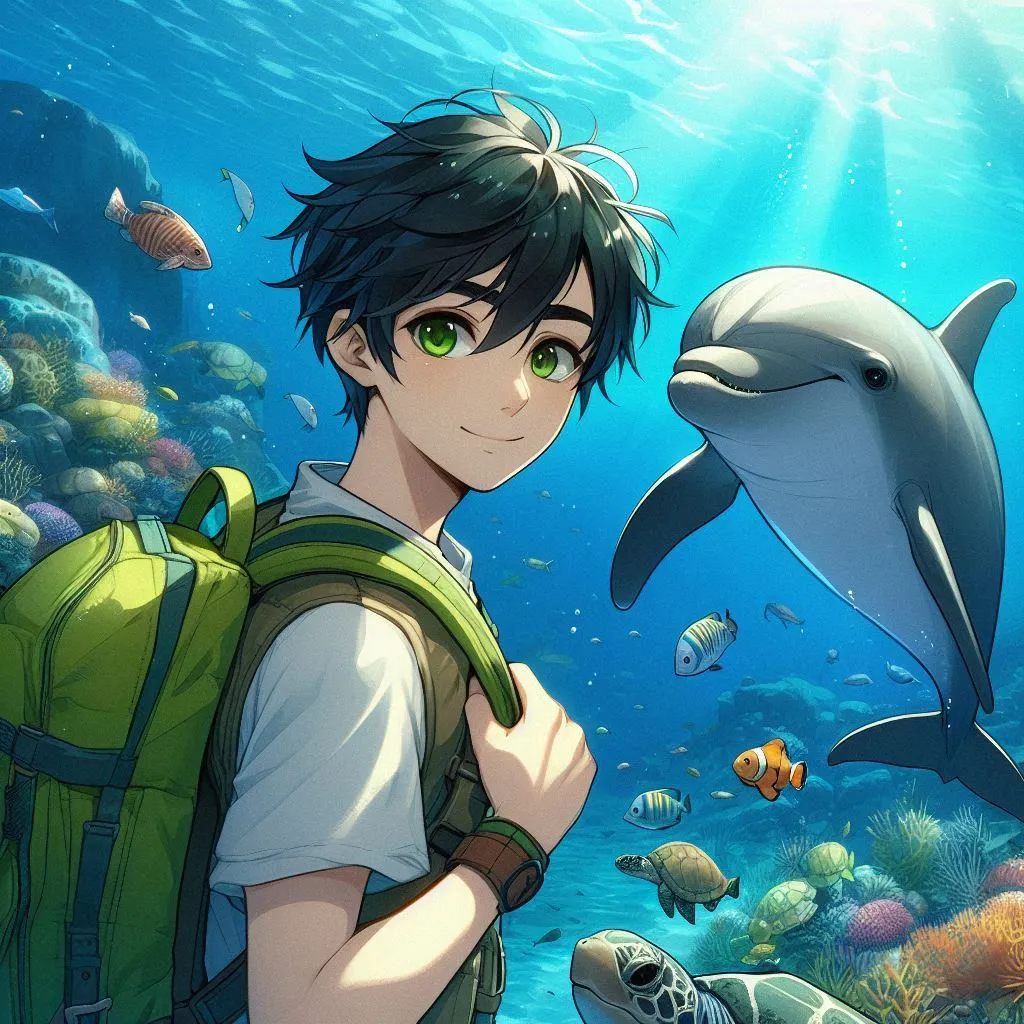 a boy with a backpack standing next to a dolphinl delfin