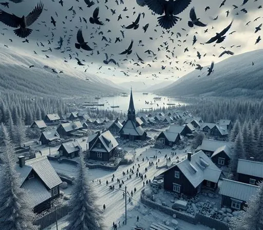 a flock of birds flying over a snow covered village