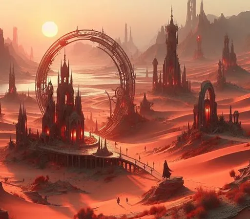 a futuristic city surrounded by desert land