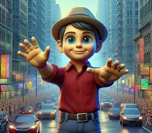 a cartoon character standing in the middle of a street