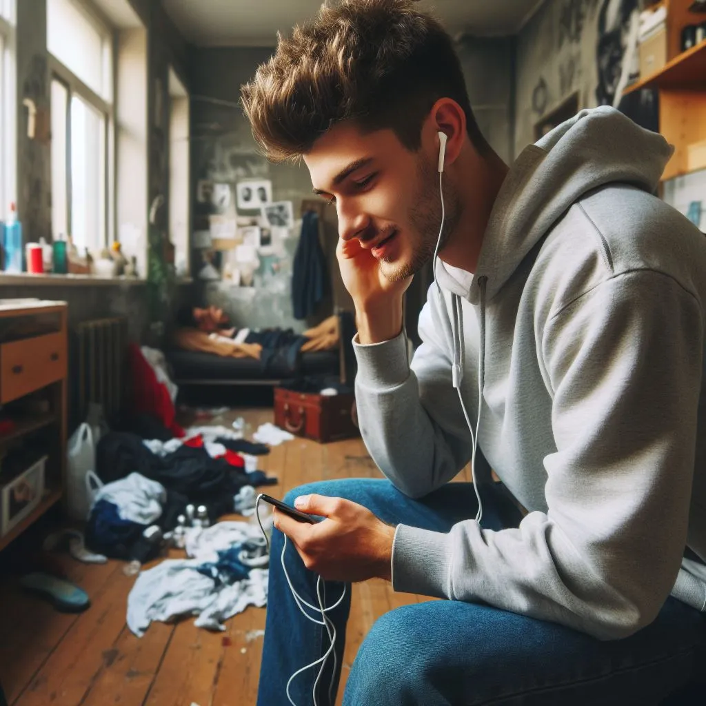 image of a young rapper man getting ready in his crowded apartment while wearing earphones to listen to his song