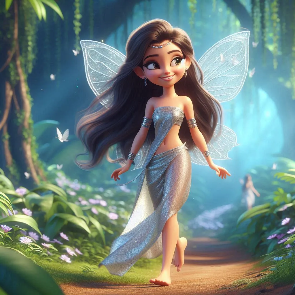 a  smiing  beautiful fairy  with long hair wearing silver color saree smiing and walking  bare foot  in jungle 3D animation cartoon  zoom out 