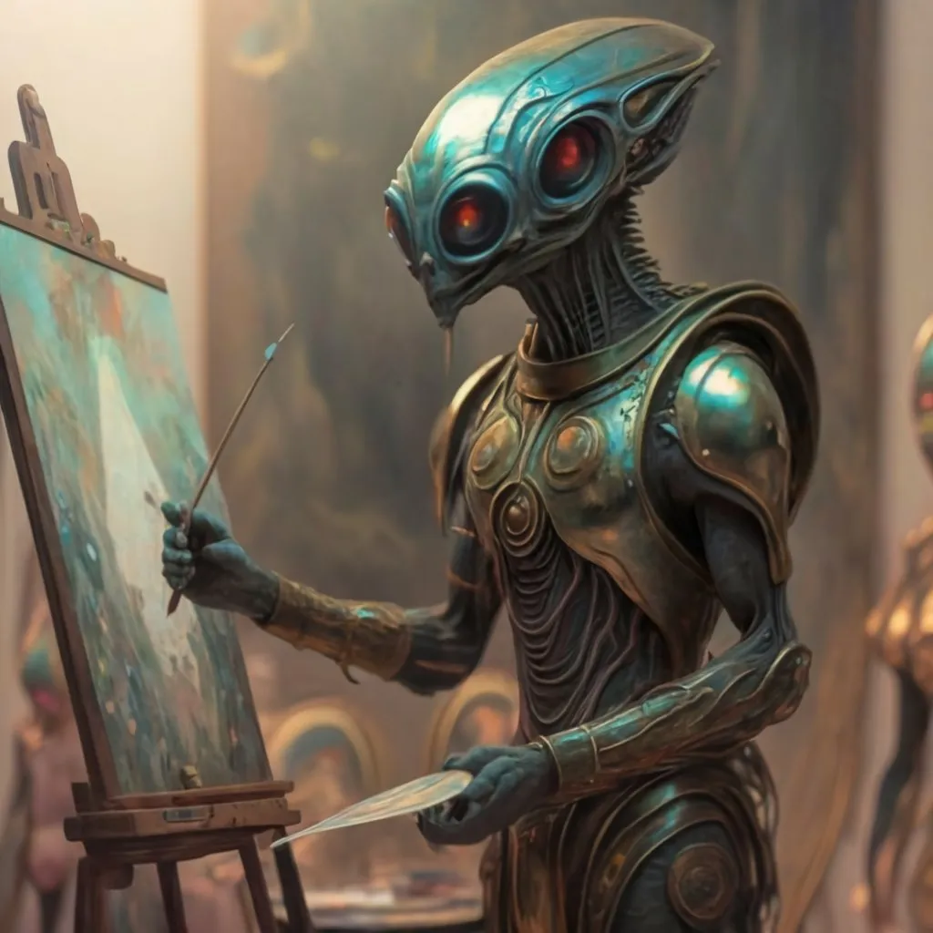 an alien painting on an easel in front of a group of people