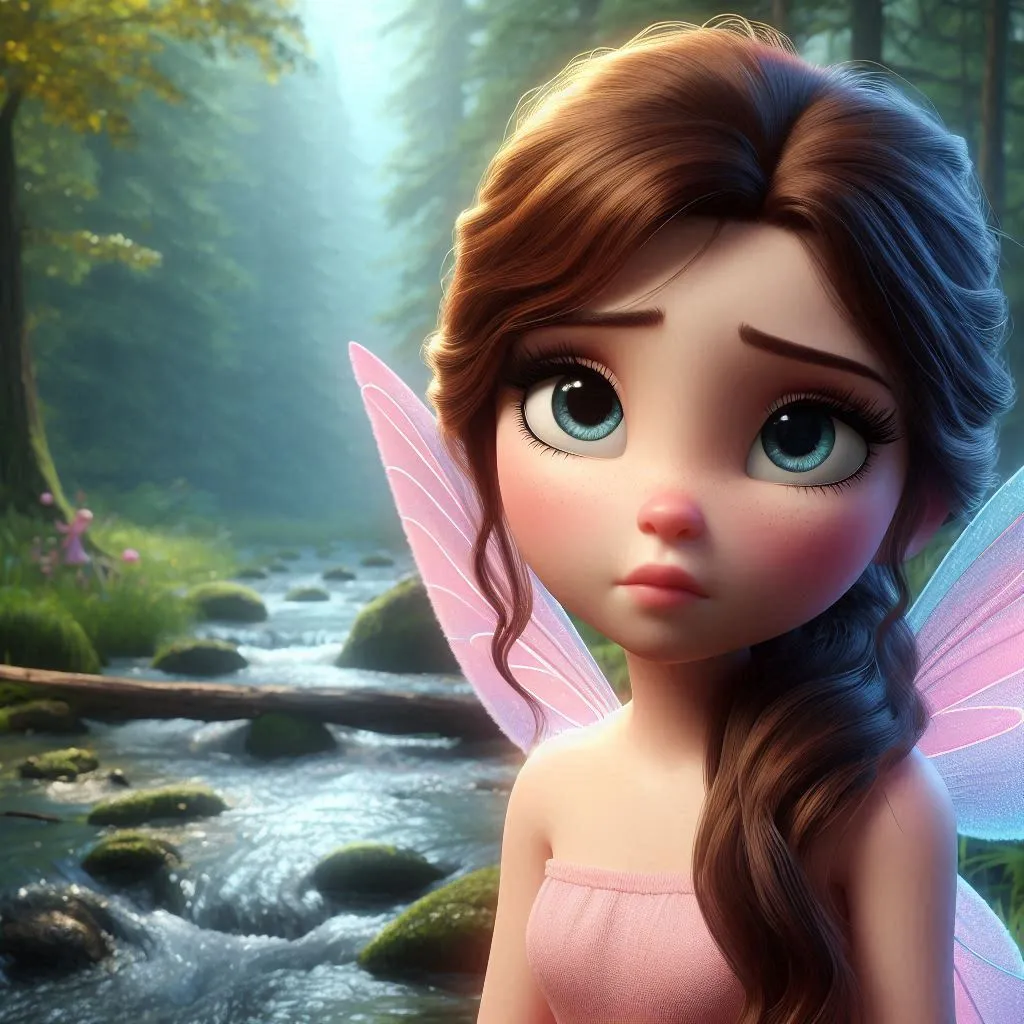 a fairy with long hair and a pink dress and blinking her eyes