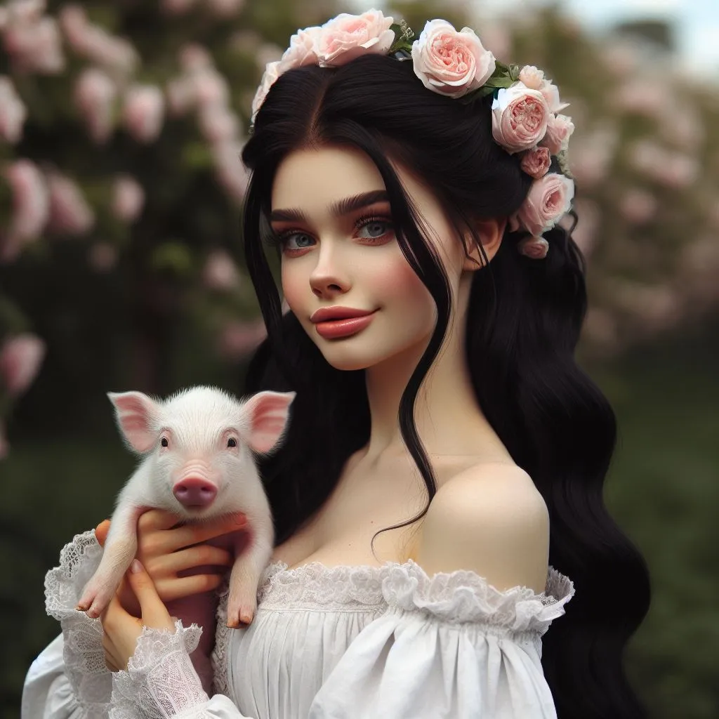 a woman in a white dress holding a pig