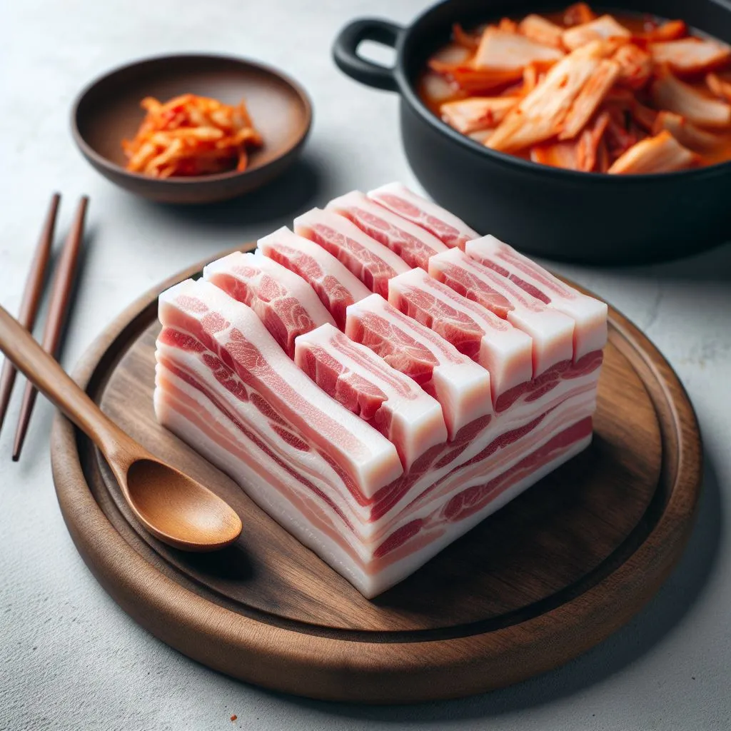 a wooden plate topped with sliced meat next to a bowl of carrots