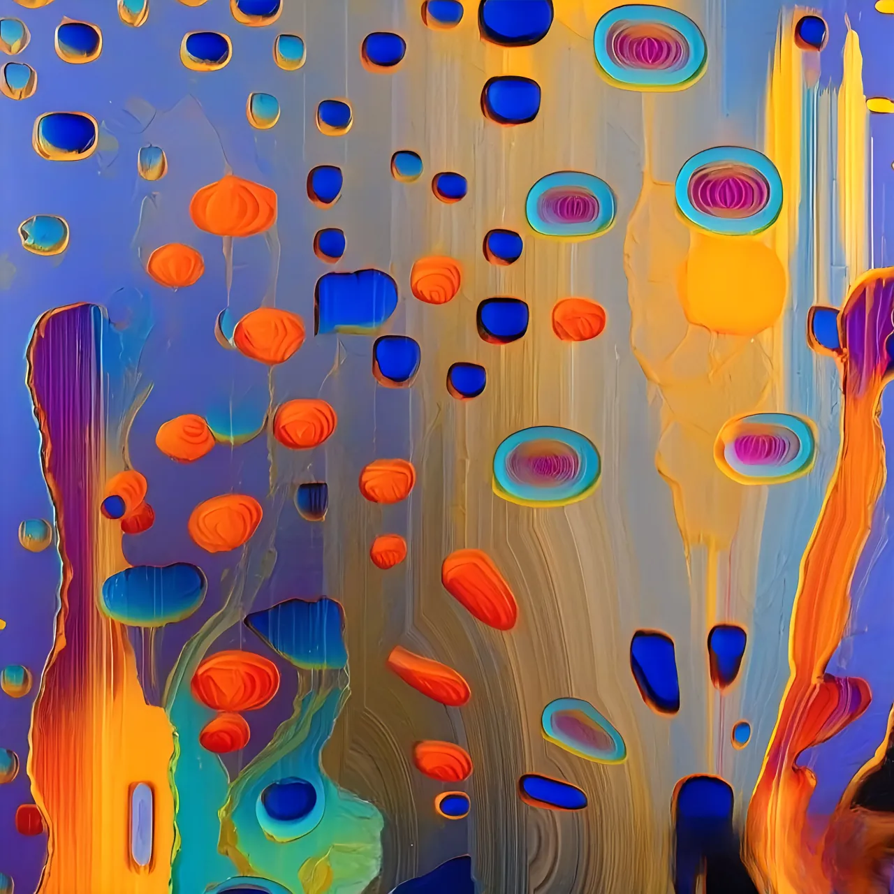 an abstract painting with blue, orange, and yellow colors