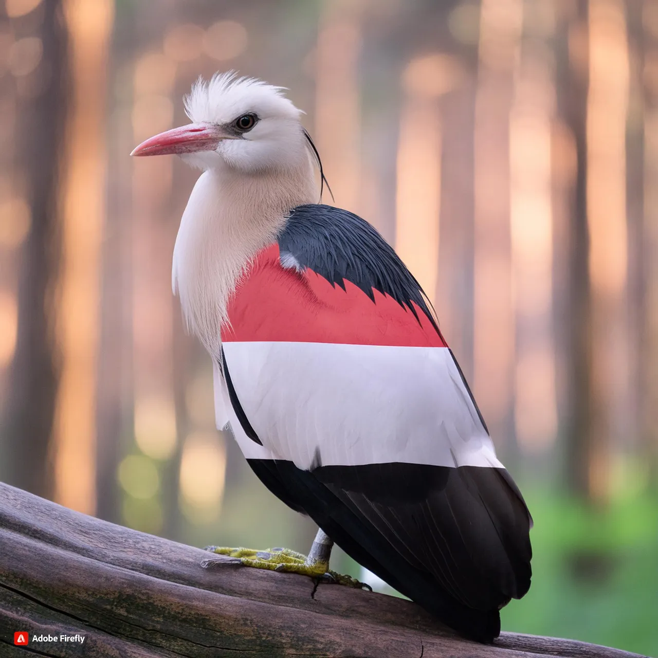 a bird with a red, white, and black beak sitting on a branch