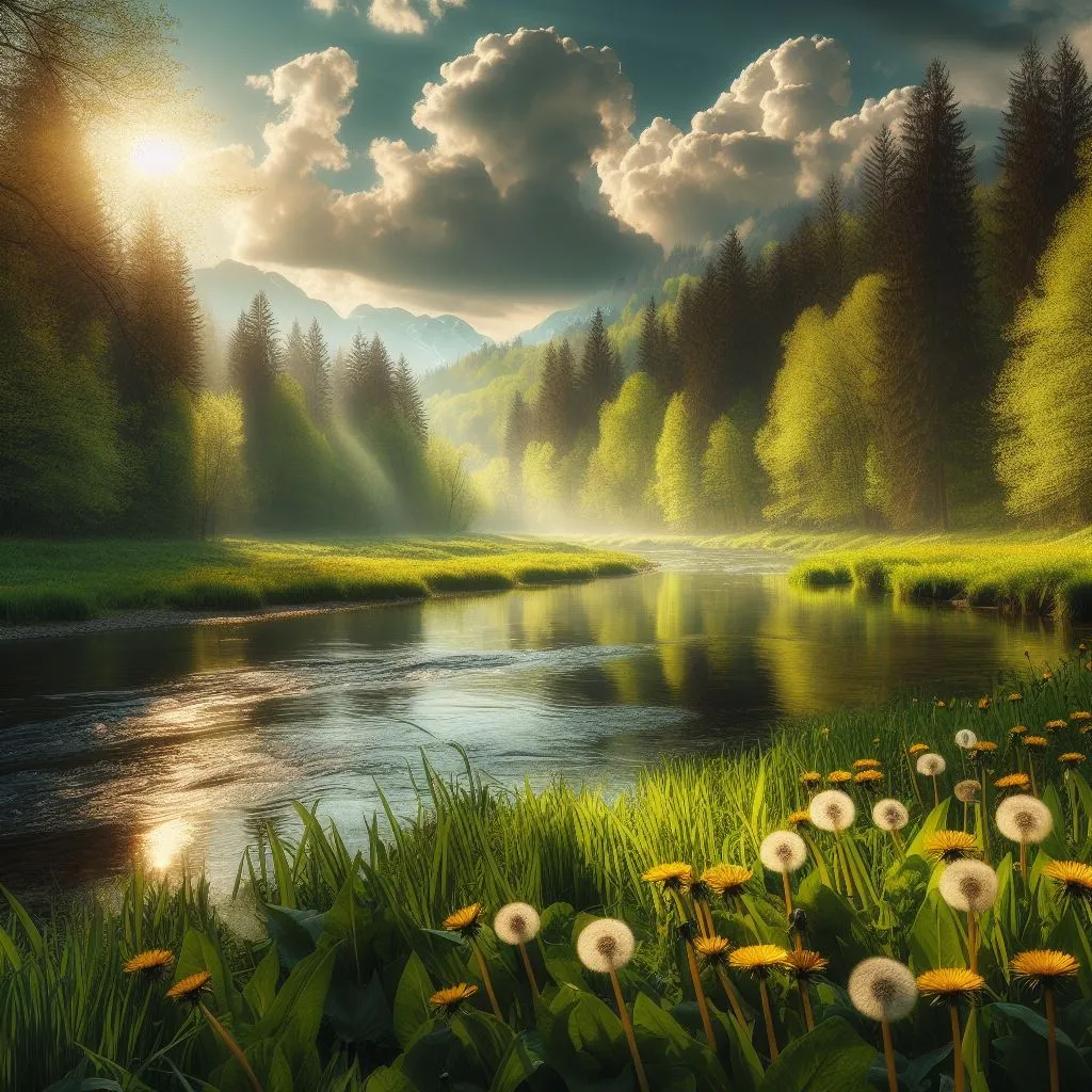 a painting of a river surrounded by grass and flowers