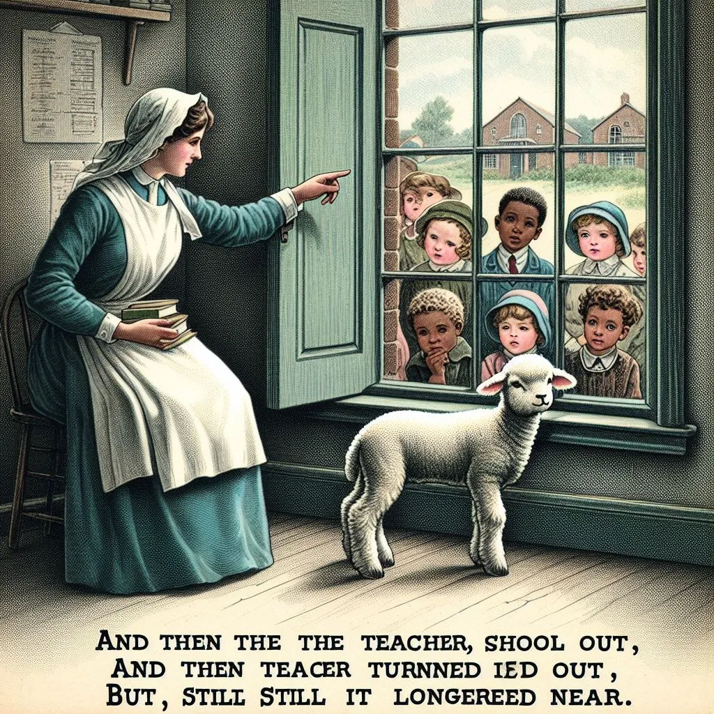 a picture of a woman looking out a window at a group of children