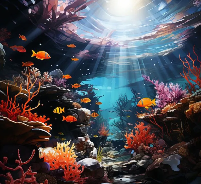 an underwater scene with fish and corals