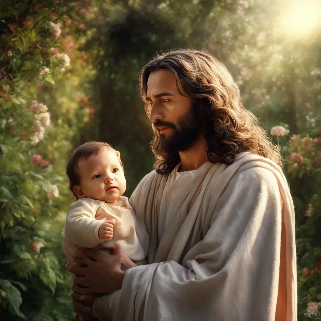 jesus holding a baby in his arms