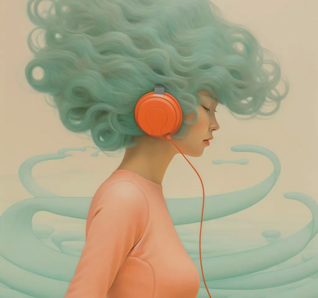 a painting of a woman with blue hair wearing headphones