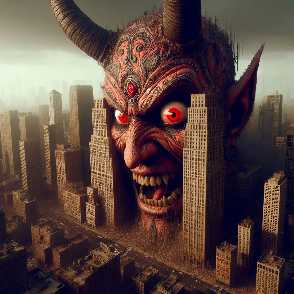 A man's face with glowing red eyes as he looks out at an alien invasion of a futuristic cityscape