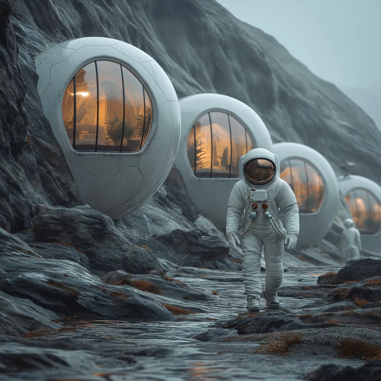 a man walking slow in a space suit walking through a rocky area